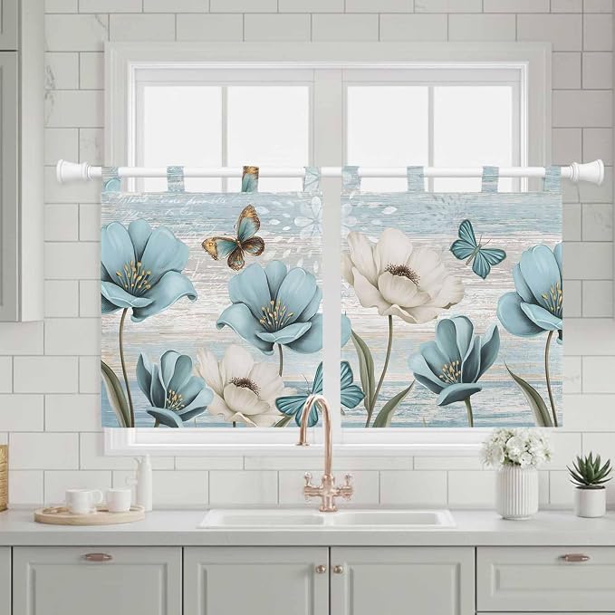 Spring Floral Kitchen Curtains 24 Inch Length, Small Window Curtains Tab Top - Image 3