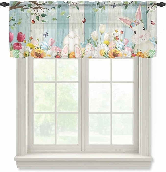 Easter Sheer Valances for Windows 54"x18", Light Filtering Kitchen Curtains by Unknown