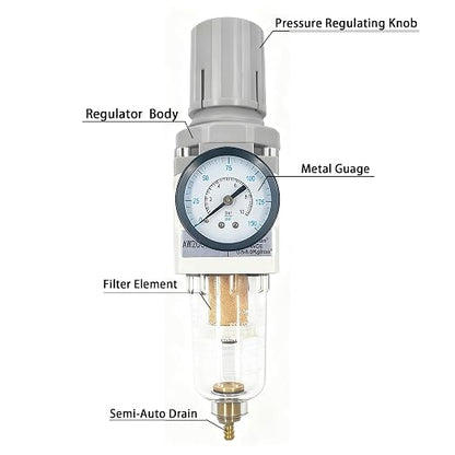 XingNEeng 1/4" NPT Compressed Air Filter Regulator Combo Piggyback, Water/Oil - Image 2