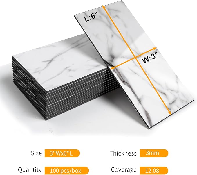 Vamos Tile 100-Piece Glossy Statury White Peel and Stick Backsplash Tile,3''x6'' PVC Subway Tile with Dark Gray Grout, Stick on Backsplash for Kitchen/Bathroom/Fireplace