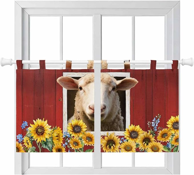 Sheep Sunflower Kitchen Curtains 24 Inch Length, Small Window Curtains Tab Top by Unknown