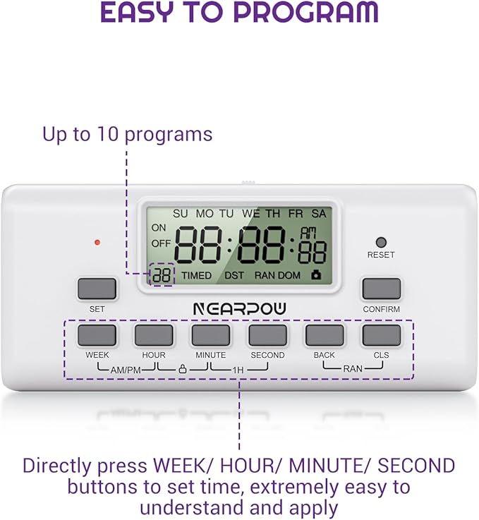 [2 Pack] NEARPOW Digital Timer For Lamp With Dual Outlets, Programmable Timer In Door, Outlet Timer For Lights,10 On/Off Programs, 24-Hour And 7-Day Programmable Electric Plug Timer,3 Prong, 15A/1875W
