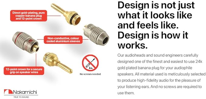 Nakamichi FanLock Excel Series 24k Gold Plated Banana Plugs 10 AWG - 18 AWG Gauge Size 4mm for Speakers Amplifier Hi-Fi Stereo Home Theatre Radio Audio Wire Cable Quick Connector, 48 Pcs (24-Pairs)