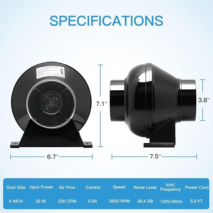 iPower 4 Inch 195 CFM Inline Fan Vent Blower, Speed Controller, Air Carbon - Image 3