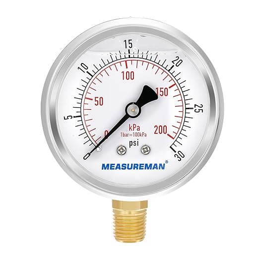 MEASUREMAN 2-1/2inch Dial Size, Oil Filled Pressure Gauge, 0-30psi/kpa by MEASUREMAN