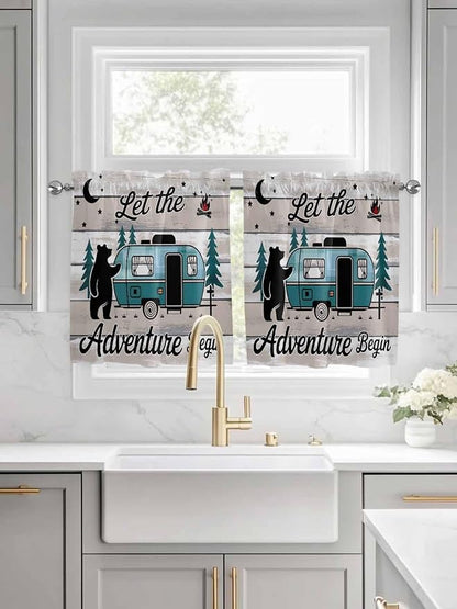 Farmhouse Bear Camper Van Tree Window Valance Curtains, Vintage Wood Grain by IDOWMAT