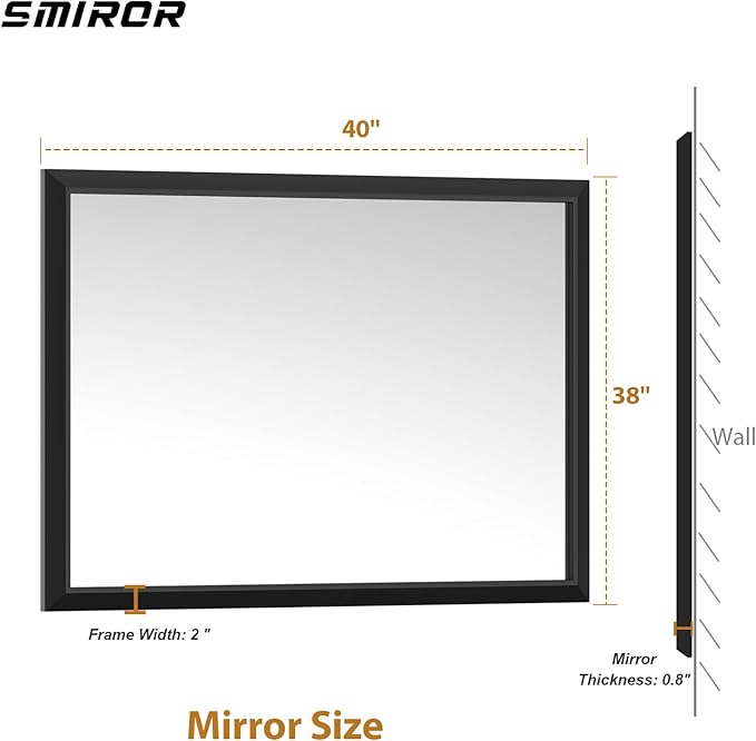 SMIROR Matte Black Bathroom Mirror for Over Sink 40x 38 inch, Metal Thick Frame Rectangle Vanity Mirror for Wall, Anti-Rust, Horizontally or Vertically Mounted