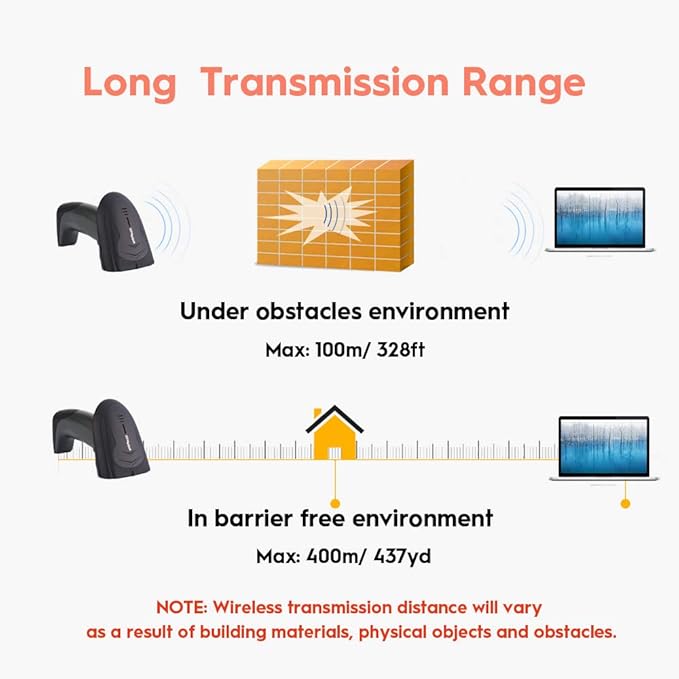 NADAMOO Wireless Barcode Scanner with USB Cradle Charging Base 328Ft Long Transmission Handheld 1D Cordless Laser Barcode Reader Portable Bar Code Scanning for Retail Supermaket Warehouse