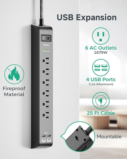 25FT Surge Protector Power Strip - 2 Pack Extension Cord with 6 Outlets 4 USB Ports, Flat Plug, 900 Joules, 15A Circuit Breaker, Wall Mount for Home Office, Dorm Essentials