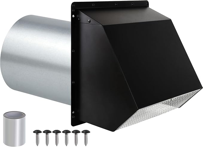 4 Inch Hooded Wall Vent with Screen and Damper,Outdoor Dryer Vent Cover for 4 inch Pipe,Wall Exhaust Vent Cover Cap External Extractor for House Ventilation&Outside Air Exhaust,Galvanized Steel,Black