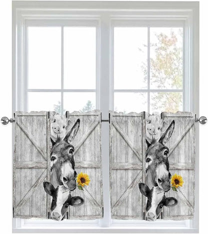 Grey Farmhouse Half Window Curtains 24 Inches Long, Vintage Sunflowers Animals by Unknown