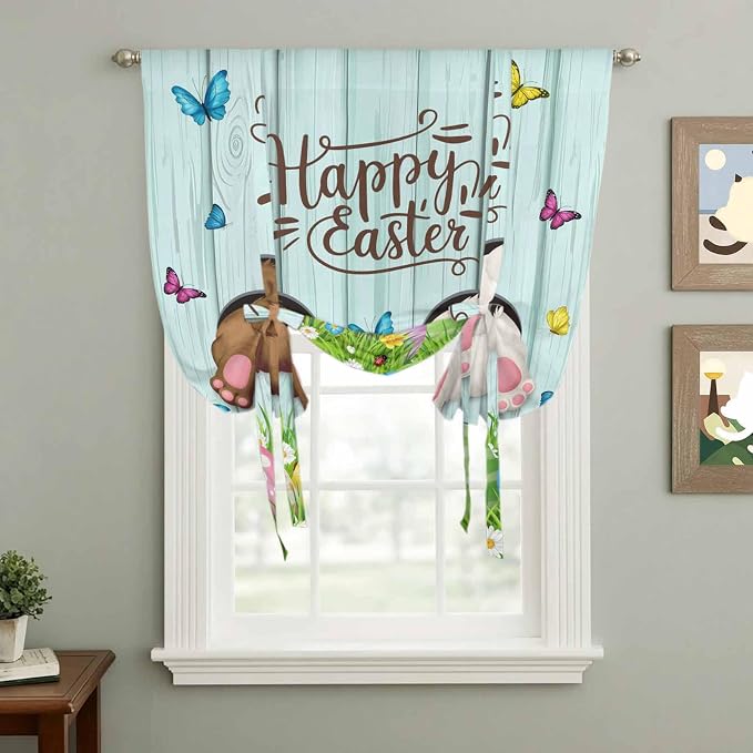 Tie Up Curtains, Happy Easter Bunny Butt Egg Floral Adjustable Rod Pocket by Unknown