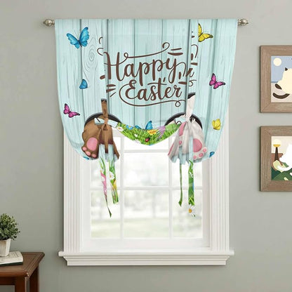 Tie Up Curtains, Happy Easter Bunny Butt Egg Floral Adjustable Rod Pocket - Image 3