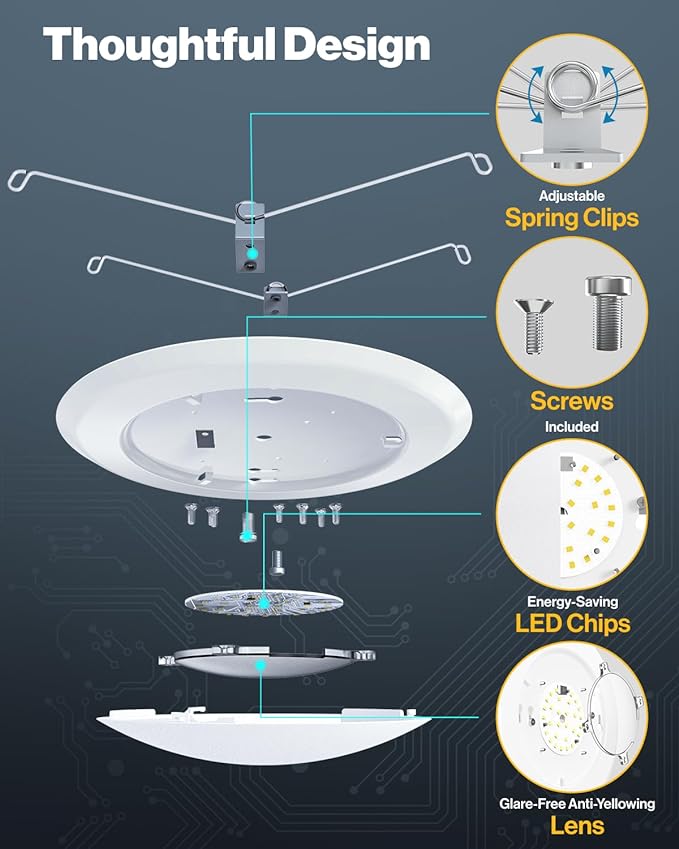 Sunco 48 Pack LED Disc Lights Ceiling 6 Inch, Flush Mount Disk Light, Recessed Can Lighting, 1050 LM, 15W (75W Equivalent), 5000K Daylight, Dimmable, Damp Rated ETL.