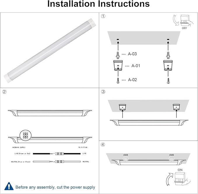 colmeguna 2 Packs 4FT LED Batten Light, Ultra-Thin Ceiling Surface Mounted Light, 40W, 4000K, IP20, LED Ceiling Lamp for Garage, Shop, Hallway, Office, Market, ver.2