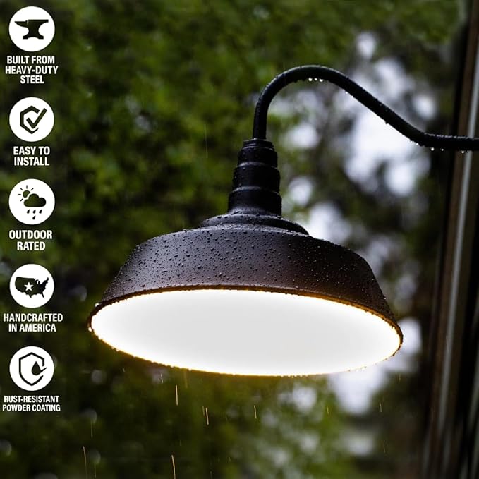 Steel Lighting Co. Large Outdoor Barn Light | Gooseneck Light Fixture | Made in America from 18-Gauge Steel | 20" Dome | Upward Sloping Gooseneck Cream Exterior/Brass Interior