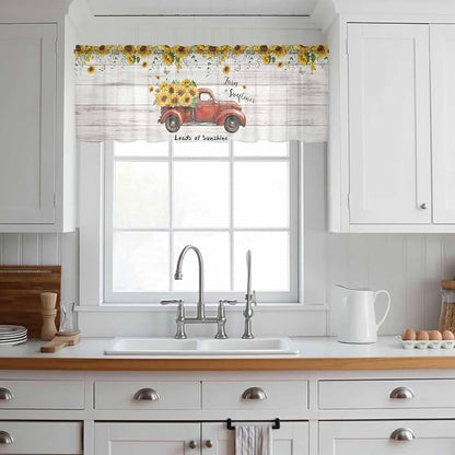 Farmhouses Sunflowers Sheer Valance Curtains, Retro Floral Leaves Red Truck - Image 2
