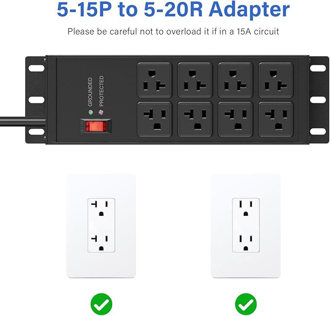 CCCEI Magnetic Heavy Duty Power Strip Surge Protector 20Amp, 12 Gauge High Amp Extension Outlets, Garage Wall Mount 8 Plug Metal Power Strip. 25FT, Black, 5-15P Adapter 6-20R T-Slot 20a for Appliance
