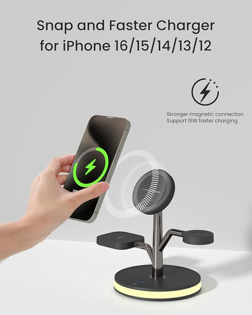 3 in 1 Charging Station for Apple Devices, Fast Charging Magsafe Charger Stand with LED Light and 20W PD Adapter, Wireless Nightstand Charger for iPhone17/16/15/14/13/12 Series,AirPods,iWatch and More