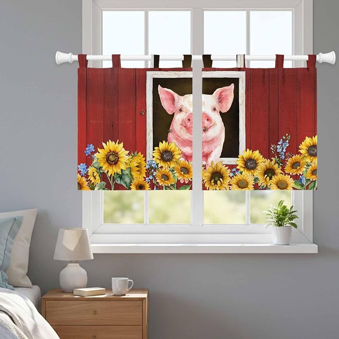 Pigs Sunflowers Kitchen Curtains 36 Inch Length, Small Window Curtains Tab Top - Image 9
