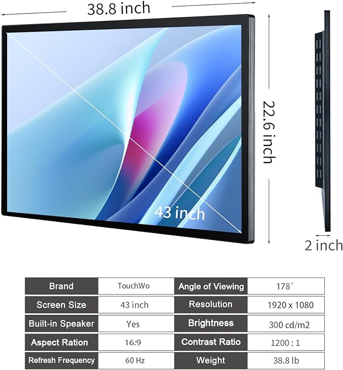 TouchWo 43 inch Interactive Touchscreen Monitor, Smart Board with 16:9 Display 1080P, Win-10 Electronic Whiteboard Touchscreen PC for Office and Classroom, Core i5 RAM 4G & ROM 128G