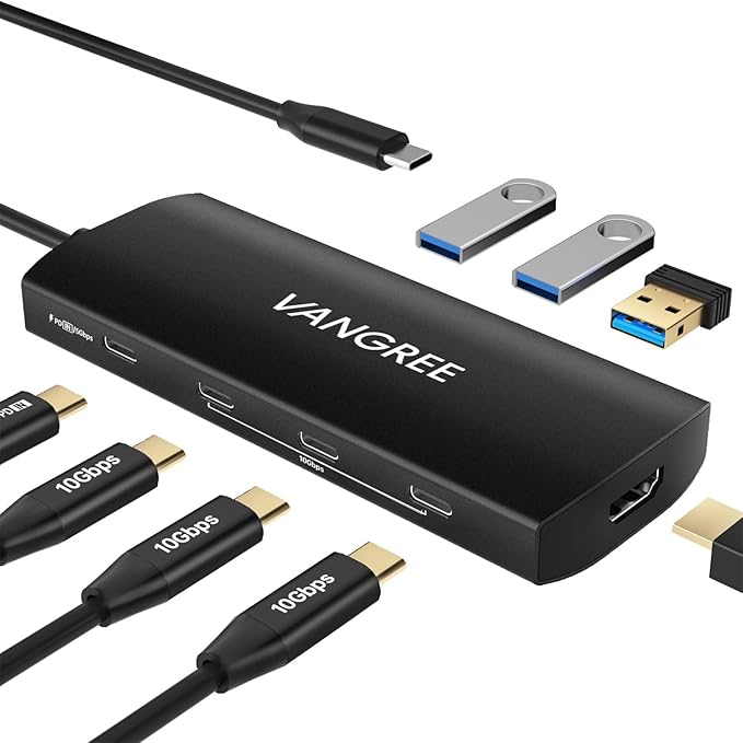 USB C Hub 8 in 1 Multiport Adapter, 3 USB 3.2 Gen 2 Ports with 10Gbps, 3 USB-A 3.0 5Gbps, 4K@60Hz HDMI, 100W PD, USBC Splitter for MacBook Pro, iPad Pro, Mac mini and More(Not Support USB-C Monitor)