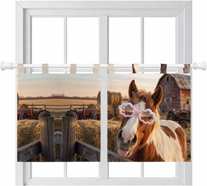 Farm Horses Kitchen Curtains 24 Inch Length, Small Window Curtains Tab Top by Unknown