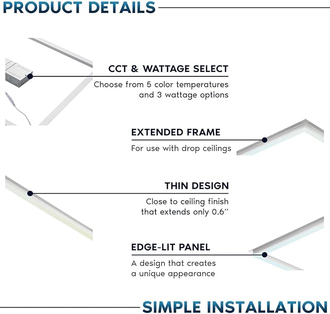 LED Energy Plus 2x2 FT Edge-Lit Frame LED Panel Lights,5CCT Selectable 3000K-6500K, 2600/3900/5200LM,20W/30W/40W Switch, Grid Drop Ceiling Lights,0-10V Dimmable,Damp Rated,100-277V,ETL Listed (4 Pack)
