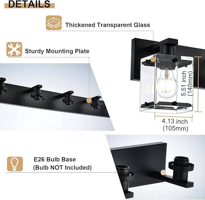 WINSHEN 6-Light Bathroom Light Fixture Black Finish, Modern Vanity Lighting with Rectangular Clear Glass for Over Mirror Kitchen E26 Bulb Base
