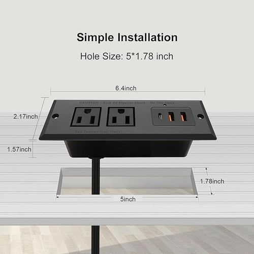 20W Recessed Power Strip USB C Fast Charge Desk Power Outlet Type C Flush Mounted Extension Power Plug for Conference Countertop Desktop Drawer Sofa ETL Listed (Black)
