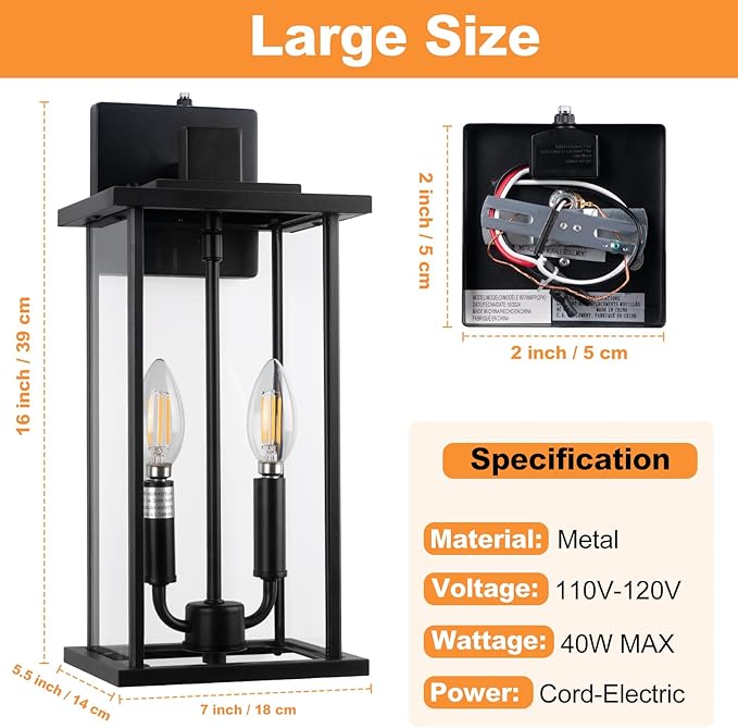 SIAFAVOI Large Motion Sensor Outdoor Sconce 2-Pack, 16" Black Dusk to Dawn Wall Light, Outdoor Wall Mount Fixtures, 2-Light Exterior Waterproof Wall Lights, Doorway, House Front Door, Patio, Garage