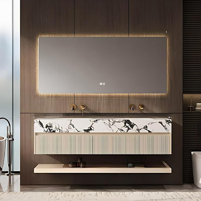 Fashionable Bathroom Vanity with Sink, Smart One-Click Defogging & LED Light, Bathroom Sink and Cabinet with Wave Striped Panel, Rockslab Countertop (Mirror, 56IN)