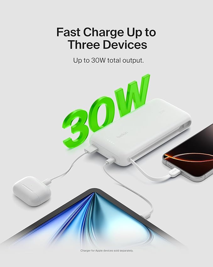 Belkin Portable Charger, Power Bank with Integrated Cable 20000 mAh 30W - Fast Charging USB C Power Delivery - iPhone 17, Air, Pro, Pro Max, iPad, AirPods, Apple Watch, Galaxy S25, & More - White