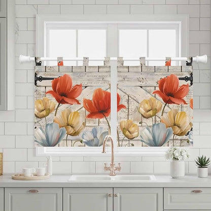 Retro Floral Kitchen Curtains 36 Inch Length, Small Window Curtains Tab Top - Image 3