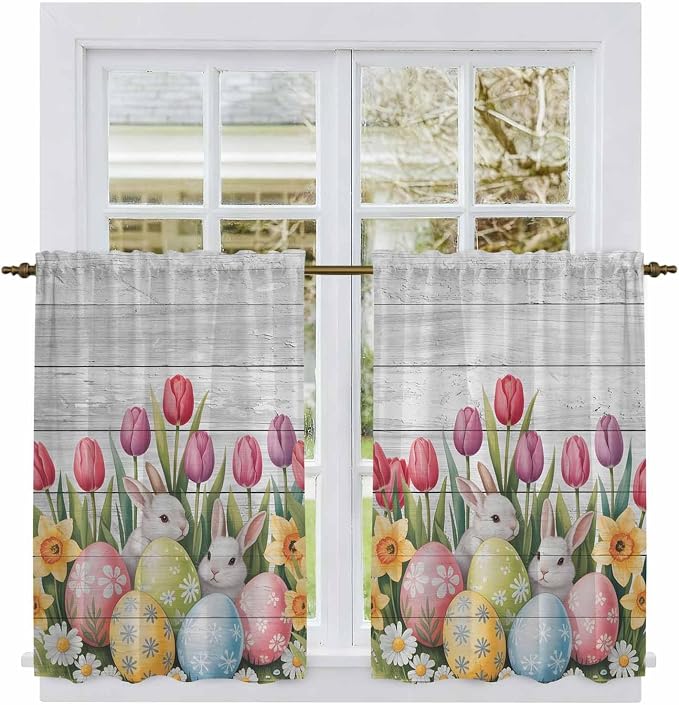 Easter Kitchen Tier Curtains 45 Inch Long 2 Panel Set, Rod Pocket Short Window - Image 2