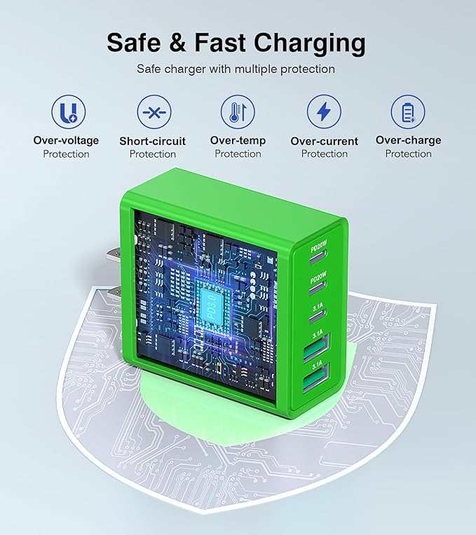2 Pack 60W USB C Fast Charger Block,5-Port Type C Wall Charger Brick,2 USB A & 3 USB C PD3.0 Power Adapter Multiport Charging Plug Box for iPhone 13/14/15/16/17,Pad Mini/Pro, Cellphones(Green)