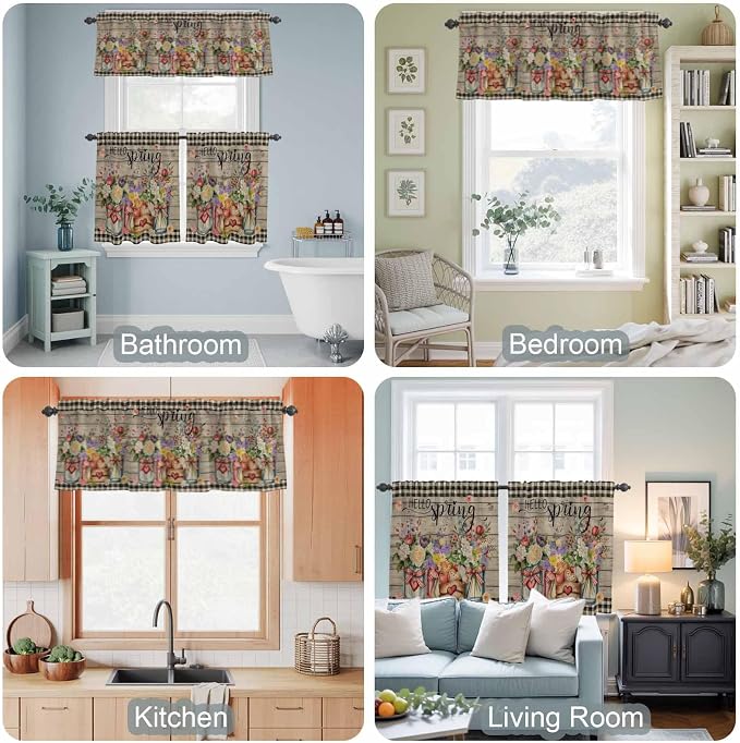 Spring Flowers Kitchen Curtain Set, Farmhouse Vintage Black Plaid Wood Grain - Image 7