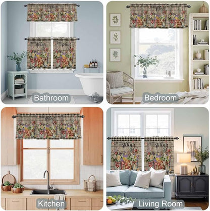 Spring Flowers Kitchen Curtain Set, Farmhouse Vintage Black Plaid Wood Grain - Image 7