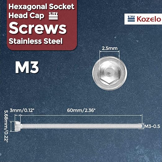 Kozelo 15pcs Socket Head Cap Screws - [M3-0.5 x 60mm] 304 Stainless Steel Allen Socket Drive for Electrical Motor 3D Printing Fan Engine Replacement Use, Silver