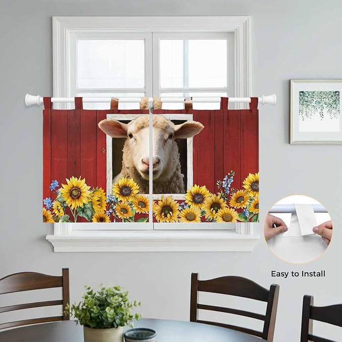 Sheep Sunflower Kitchen Curtains 24 Inch Length, Small Window Curtains Tab Top - Image 4