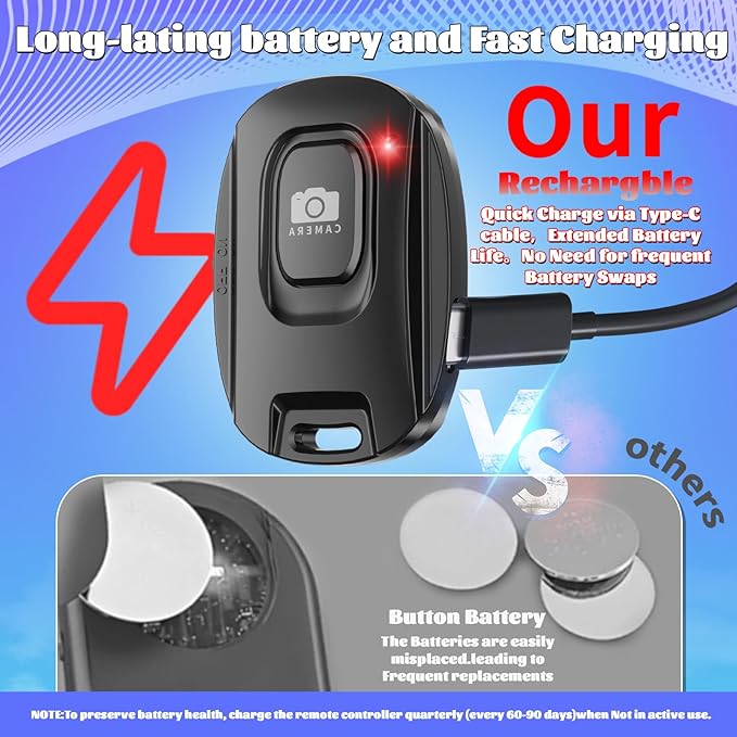 VYVIYON Bluetooth Camera Remote Shutter for iPhone and Android Smartphones, Rechargeable Wireless Phone Remote Control,Selfie Button for Photos and Videos, Charging Cable Included (2 Pack)