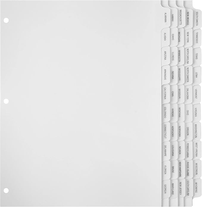 Exhibitindexes® State Divider Tabs/Indexes 3 Hole Punched