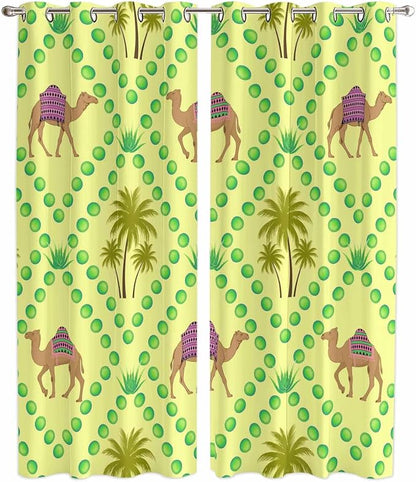 2 Panel Kitchen Cafe Curtains, Desert Sand Camels Sunlight Filtering Nature Air by Hokiten