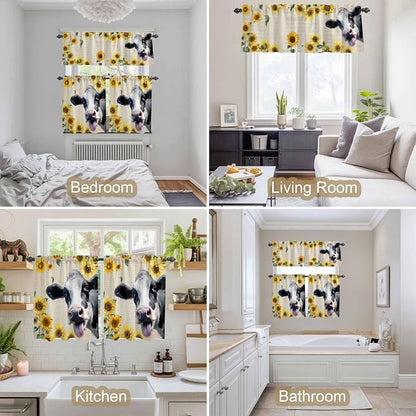 Kitchen Curtains Tiers and Valance Set of 3, Cow Sunflowers Light Filtering - Image 7