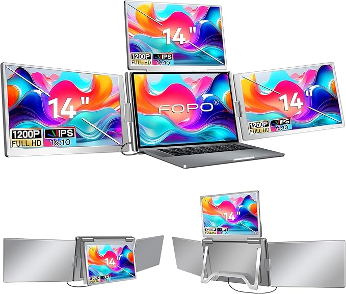 FOPO 14" Laptop Screen Extender, FHD 1200P IPS Monitor Extender, Just 1 Cable for 3 Screens Quad Monitor, Triple Extender for 12"-17.3" Laptops, Compatible with Windows 10/11 and Mac M1/M2/M3