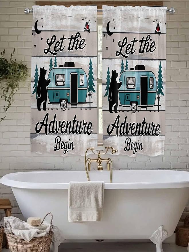 Farmhouse Bear Camper Van Tree Window Valance Curtains, Vintage Wood Grain by IDOWMAT