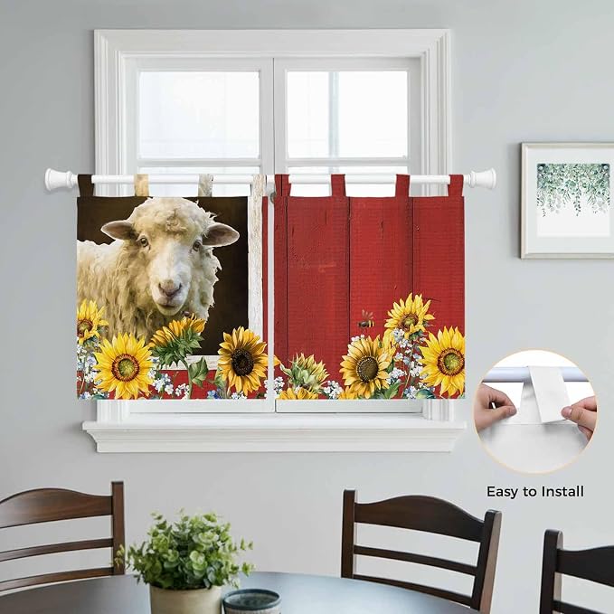 Sheep Flowers Kitchen Curtains 36 Inch Length, Small Window Curtains Tab Top - Image 4