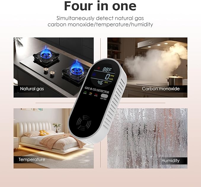 Natural Gas Detectors &Plug in Carbon Monoxide Detector， 4 in 1 Co and Gas Detector Temp Humidity Monitor，Propane, LPG, Gas Detector for Home，Kitchen,Hotels，RV.（1 Pack）