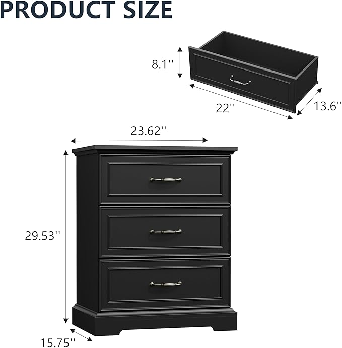 Nightstand Set of 2,24" Wide End Table with 3 Large Drawers & Metal Handles,Rustic Farmhouse Wood Small Dresser,Bedside Table,Modern Chest of Drawers for Bedroom,Living Room,Black