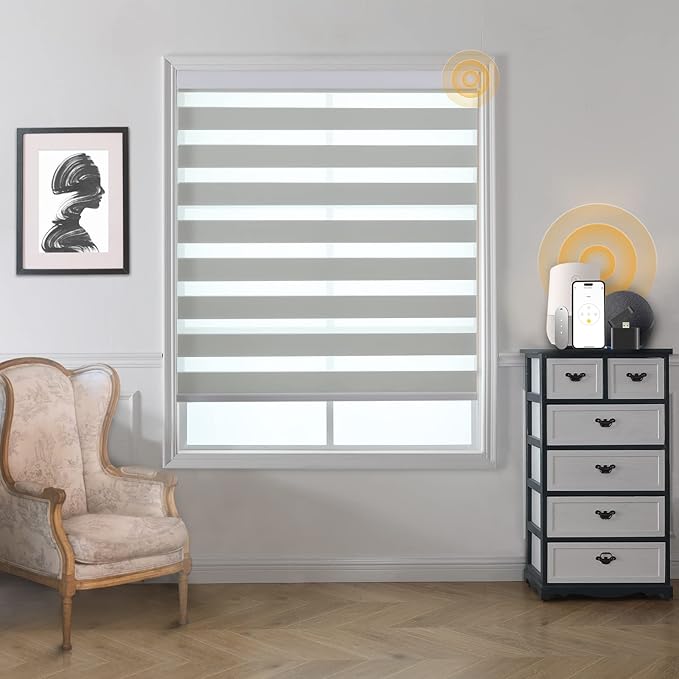 MUSCLEAREA Motorized Blinds with Remote, Cordless Automatic Zebra Shades, Smart Blind for Windows, Grey, 39 x 72